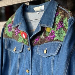 Rare Vintage Kolorway Beaded Denim Jacket – Wine & Grapes Theme – Size Medium